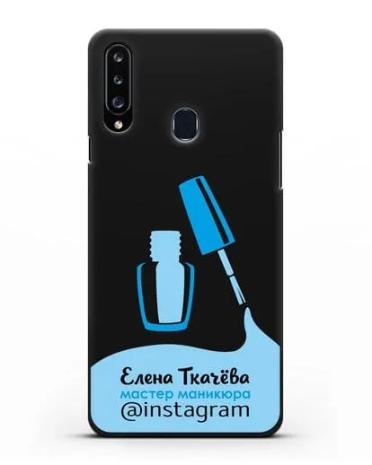Чехол визитка Мастер маникюра с фамилией и инстаграм синий цвет силиконовый для Samsung Galaxy A20s [SM-A207FN]