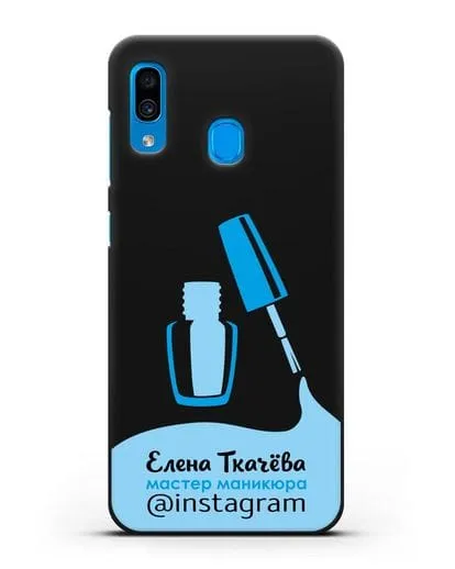 Чехол визитка Мастер маникюра с фамилией и инстаграм синий цвет силиконовый для Samsung Galaxy A30 [SM-A305FN]