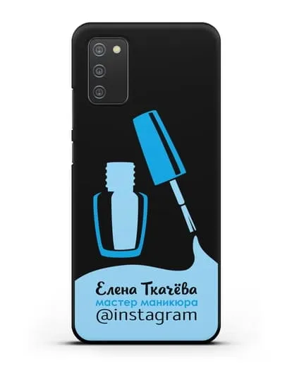 Чехол визитка Мастер маникюра с фамилией и инстаграм синий цвет силиконовый для Samsung Galaxy A02s [SM-A025F]
