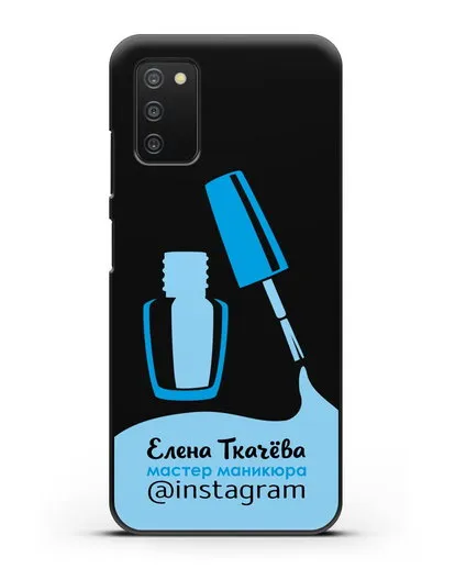 Чехол визитка Мастер маникюра с фамилией и инстаграм синий цвет силиконовый для Samsung Galaxy A03S [SM-A037F]
