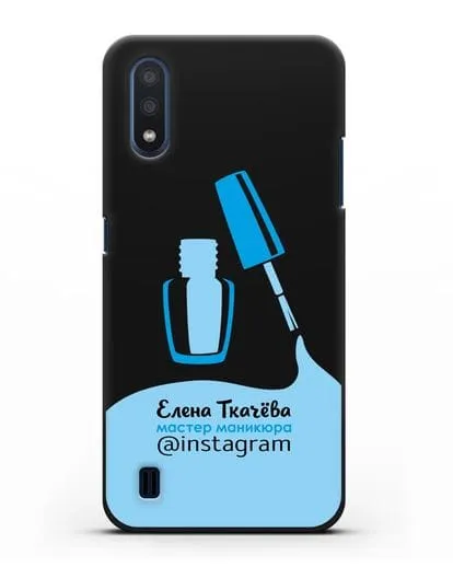 Чехол визитка Мастер маникюра с фамилией и инстаграм синий цвет силиконовый для Samsung Galaxy M01 [SM-M015F]