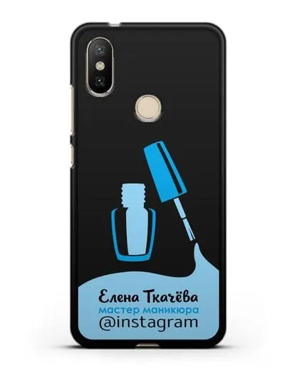 Чехол визитка Мастер маникюра с фамилией и инстаграм синий цвет силиконовый для Xiaomi Mi A2