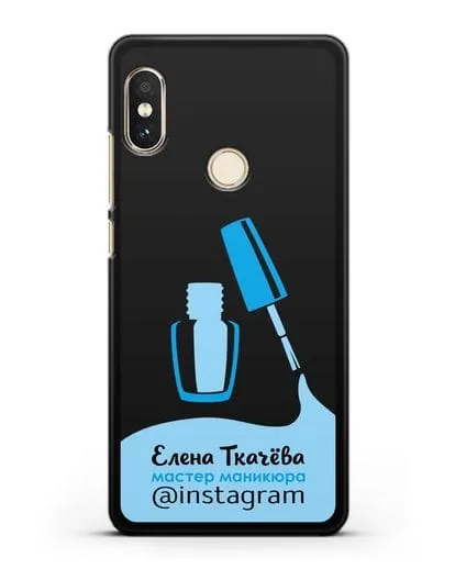 Чехол визитка Мастер маникюра с фамилией и инстаграм синий цвет силиконовый для Xiaomi Mi A2 Lite