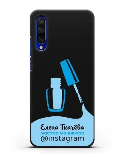 Чехол визитка Мастер маникюра с фамилией и инстаграм синий цвет силиконовый для Xiaomi Mi A3