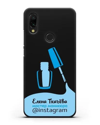 Чехол визитка Мастер маникюра с фамилией и инстаграм синий цвет силиконовый для Xiaomi Redmi 7