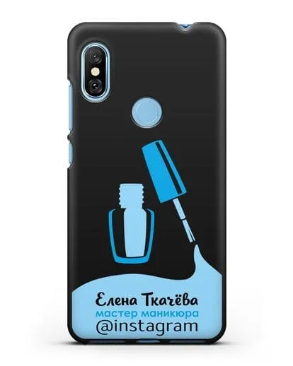 Чехол визитка Мастер маникюра с фамилией и инстаграм синий цвет силиконовый для Xiaomi Redmi Note 6 Pro