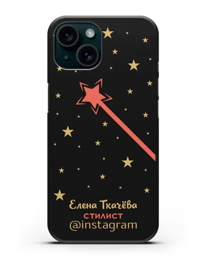 Чехол визитка Стилист с фамилией и инстаграм силиконовый для iPhone 15