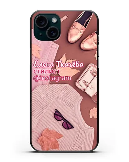 Чехол с изображением Стилист с фамилией и профилем инстаграм силиконовый для iPhone 15 Plus