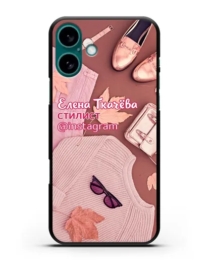 Чехол с изображением Стилист с фамилией и профилем инстаграм силиконовый для iPhone 16 Plus