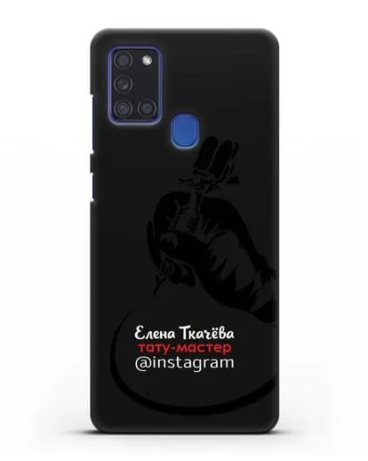 Чехол визитка Тату мастер с фамилией и инстаграм силиконовый для Samsung Galaxy A21s [SM-A217F]