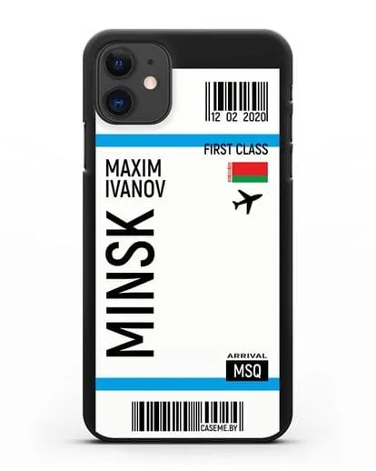 Чехол Авиабилет Минск с именем, фамилией силиконовый для iPhone 11