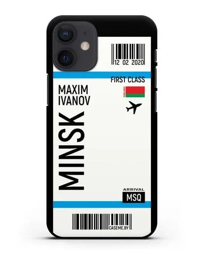 Чехол Авиабилет Минск с именем, фамилией силиконовый для iPhone 12 mini