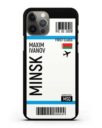Чехол Авиабилет Минск с именем, фамилией силиконовый для iPhone 12 Pro