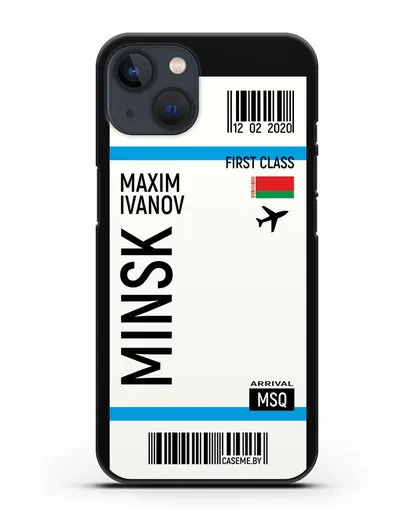Чехол Авиабилет Минск с именем, фамилией силиконовый для iPhone 13 Mini
