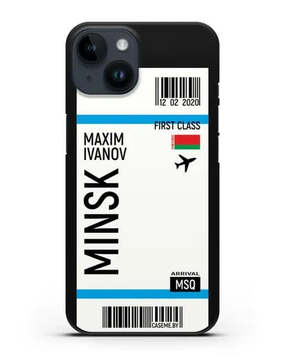 Чехол Авиабилет Минск с именем, фамилией силиконовый для iPhone 14