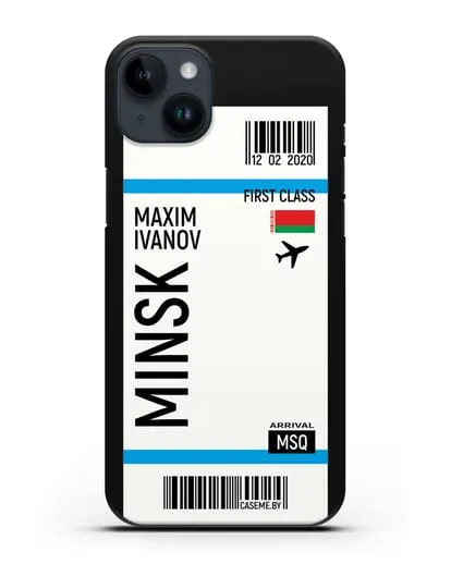 Чехол Авиабилет Минск с именем, фамилией силиконовый для iPhone 14 Plus