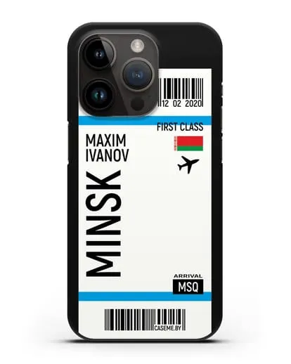 Чехол Авиабилет Минск с именем, фамилией силиконовый для iPhone 14 Pro