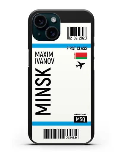 Чехол Авиабилет Минск с именем, фамилией силиконовый для iPhone 15