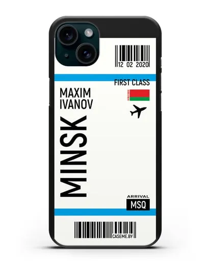 Чехол Авиабилет Минск с именем, фамилией силиконовый для iPhone 15 Plus