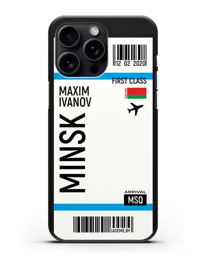Чехол Авиабилет Минск с именем, фамилией силиконовый для iPhone 15 Pro Max
