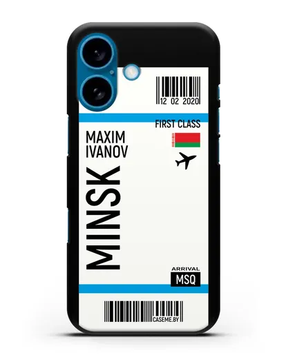 Чехол Авиабилет Минск с именем, фамилией силиконовый для iPhone 16