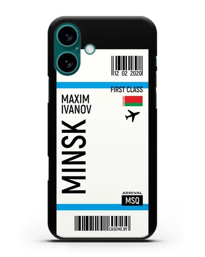 Чехол Авиабилет Минск с именем, фамилией силиконовый для iPhone 16 Plus