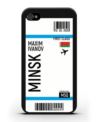 Чехол Авиабилет Минск с именем, фамилией силиконовый для iPhone 4/4s