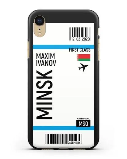 Чехол Авиабилет Минск с именем, фамилией силиконовый для iPhone XR