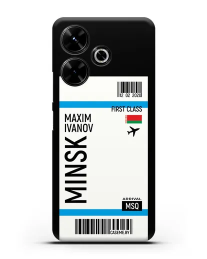 Чехол Авиабилет Минск с именем, фамилией силиконовый для Xiaomi Poco M6