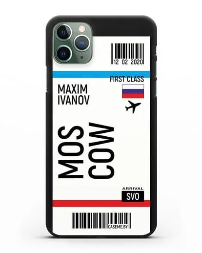 Чехол Авиабилет Москва с именем, фамилией силиконовый для iPhone 11 Pro Max