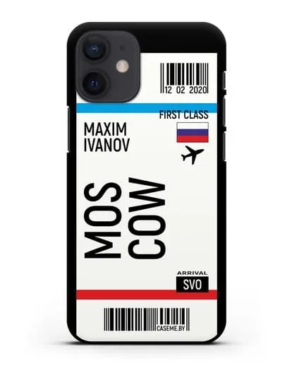 Чехол Авиабилет Москва с именем, фамилией силиконовый для iPhone 12 mini