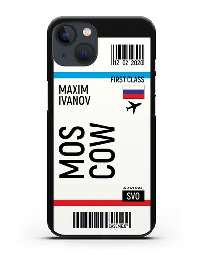 Чехол Авиабилет Москва с именем, фамилией силиконовый для iPhone 13