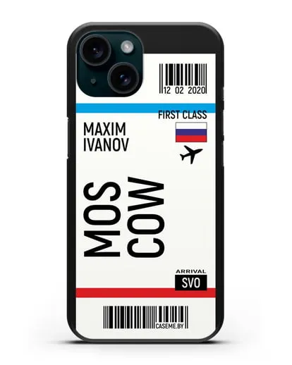 Чехол Авиабилет Москва с именем, фамилией силиконовый для iPhone 15