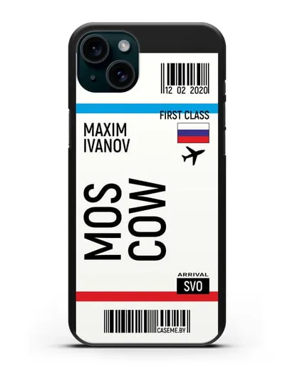 Чехол Авиабилет Москва с именем, фамилией силиконовый для iPhone 15 Plus