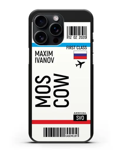 Чехол Авиабилет Москва с именем, фамилией силиконовый для iPhone 15 Pro Max