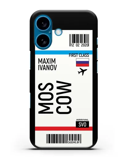 Чехол Авиабилет Москва с именем, фамилией силиконовый для iPhone 16