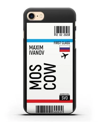 Чехол Авиабилет Москва с именем, фамилией силиконовый для iPhone 8