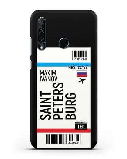 Чехол Авиабилет Санкт-Петербург с именем, фамилией силиконовый для Honor 20e
