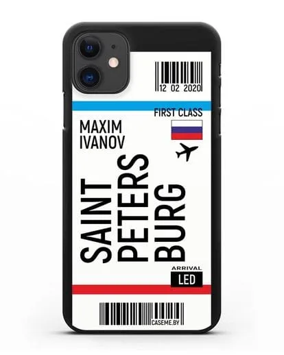 Чехол Авиабилет Санкт-Петербург с именем, фамилией силиконовый для iPhone 11