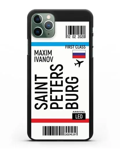 Чехол Авиабилет Санкт-Петербург с именем, фамилией силиконовый для iPhone 11 Pro Max