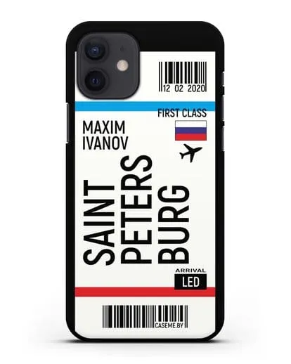 Чехол Авиабилет Санкт-Петербург с именем, фамилией силиконовый для iPhone 12