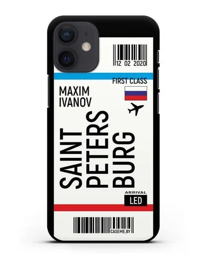 Чехол Авиабилет Санкт-Петербург с именем, фамилией силиконовый для iPhone 12 mini