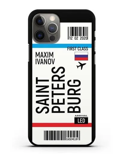Чехол Авиабилет Санкт-Петербург с именем, фамилией силиконовый для iPhone 12 Pro
