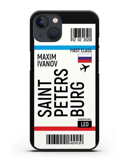 Чехол Авиабилет Санкт-Петербург с именем, фамилией силиконовый для iPhone 13