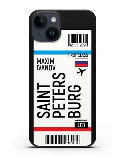 Чехол Авиабилет Санкт-Петербург с именем, фамилией силиконовый для iPhone 14