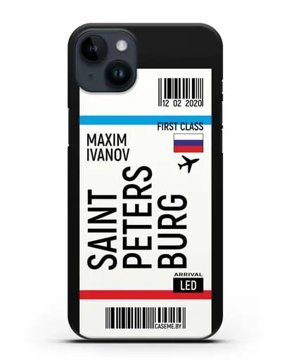 Чехол Авиабилет Санкт-Петербург с именем, фамилией силиконовый для iPhone 14 Plus