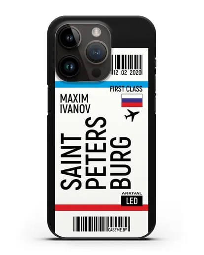 Чехол Авиабилет Санкт-Петербург с именем, фамилией силиконовый для iPhone 14 Pro