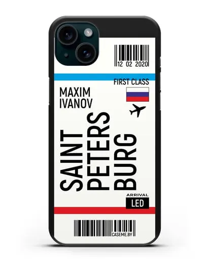 Чехол Авиабилет Санкт-Петербург с именем, фамилией силиконовый для iPhone 15 Plus