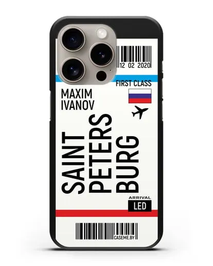 Чехол Авиабилет Санкт-Петербург с именем, фамилией силиконовый для iPhone 15 Pro
