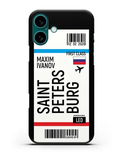 Чехол Авиабилет Санкт-Петербург с именем, фамилией силиконовый для iPhone 16 Plus